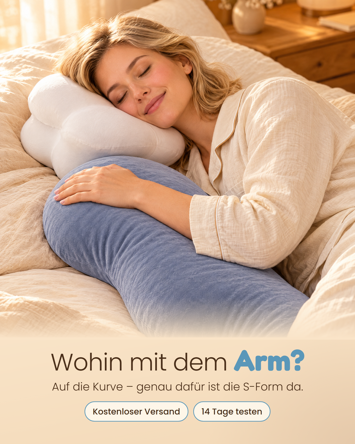 Der obere Arm liegt auf der S-Form des Bogen Seitenschläferkissens