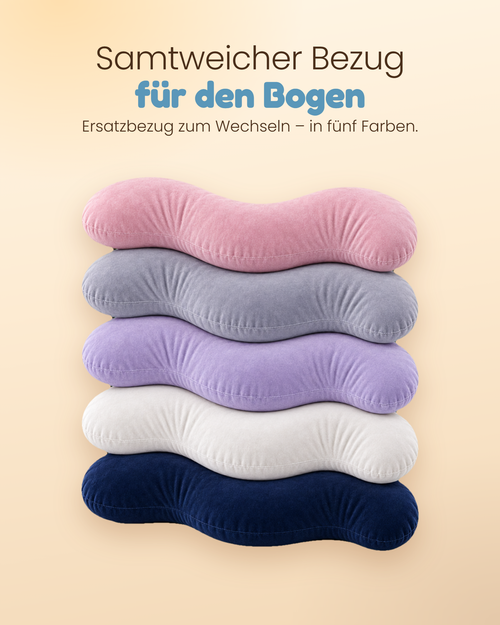 Fünf Bezüge für das Seitenschläferkissen Bogen gestapelt: Weiß, Rosa, Lila, Navy, Grau