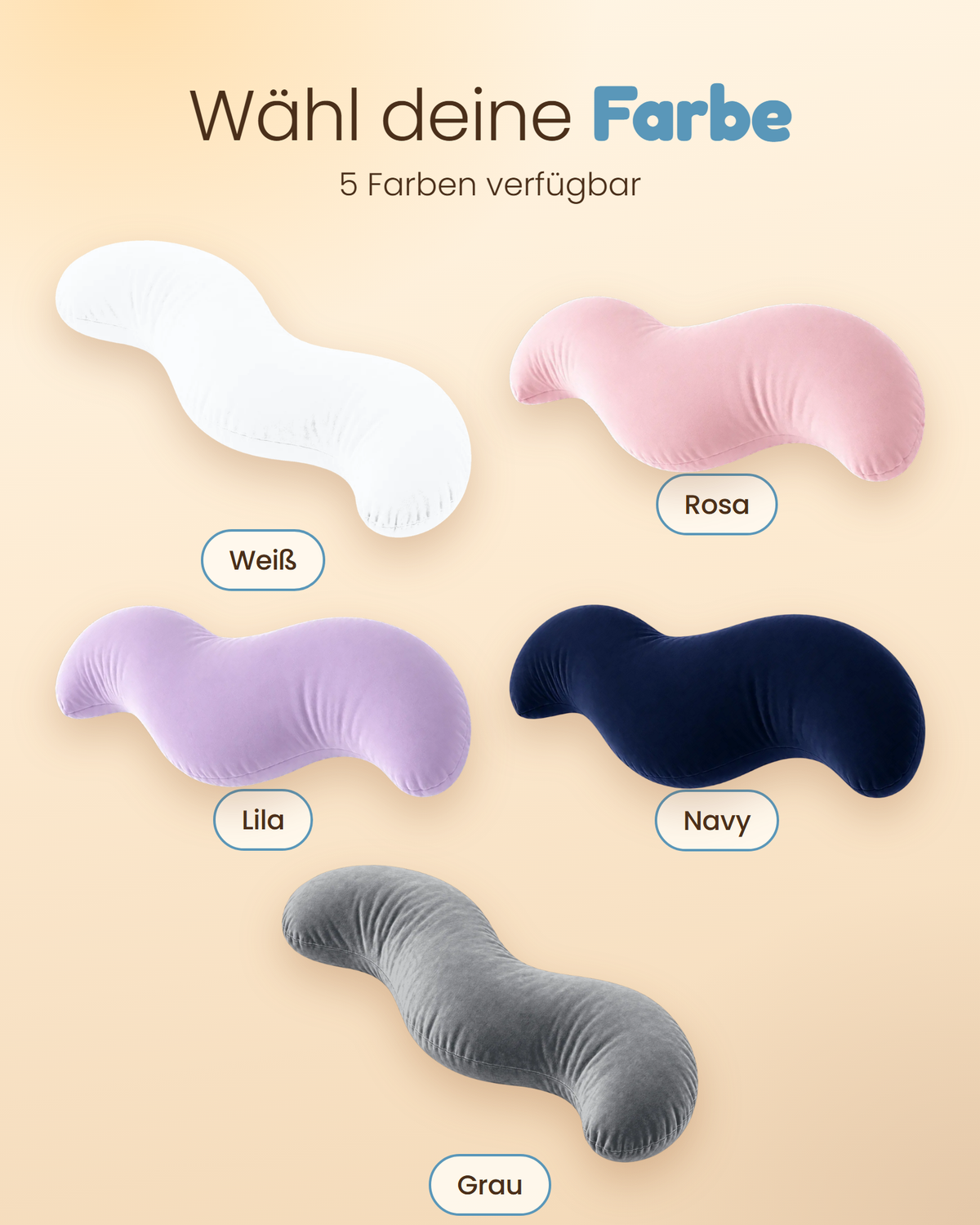 Seitenschläferkissen Bogen in fünf Farben: Weiß, Rosa, Lila, Navy, Grau