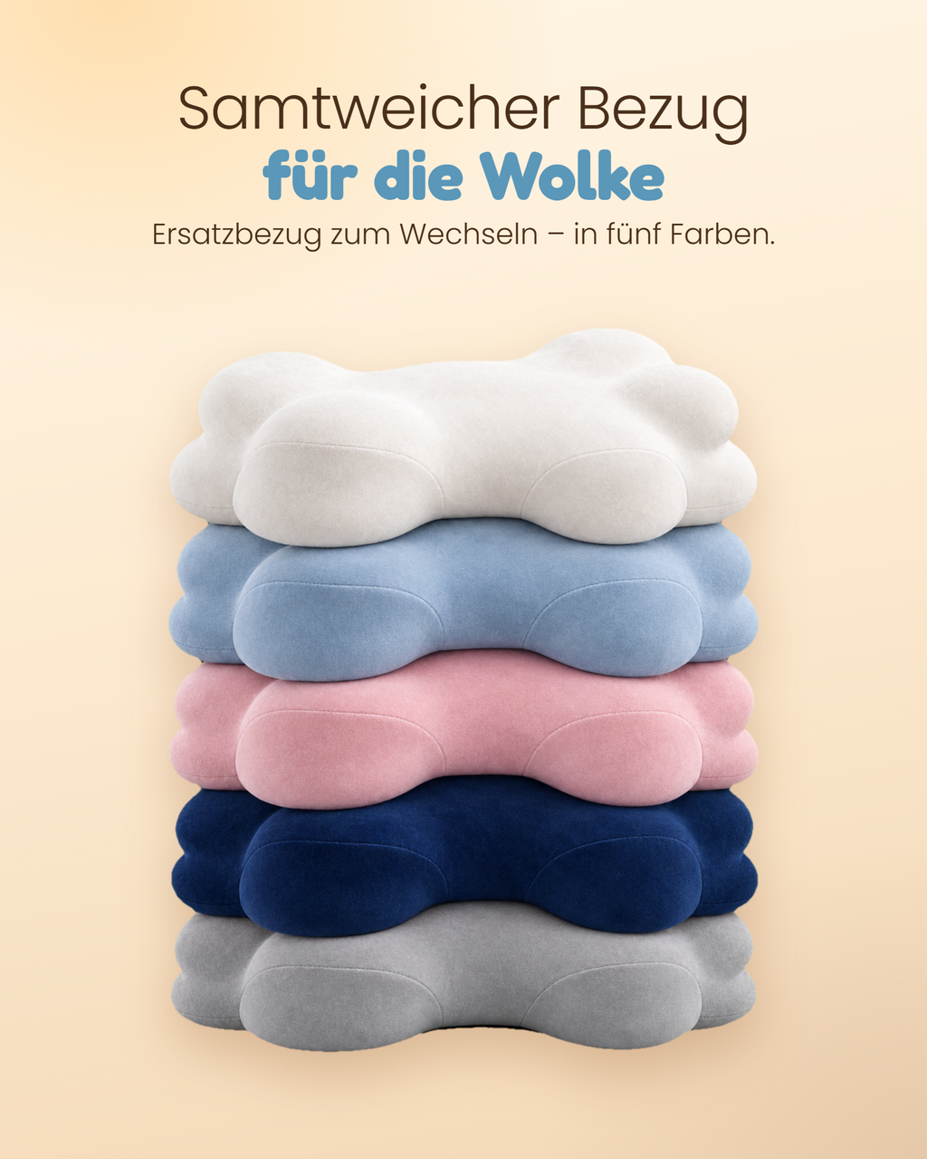 Fünf Kopfkissenbezüge für die Wolke gestapelt: Weiß, Blau, Rosa, Navy, Grau
